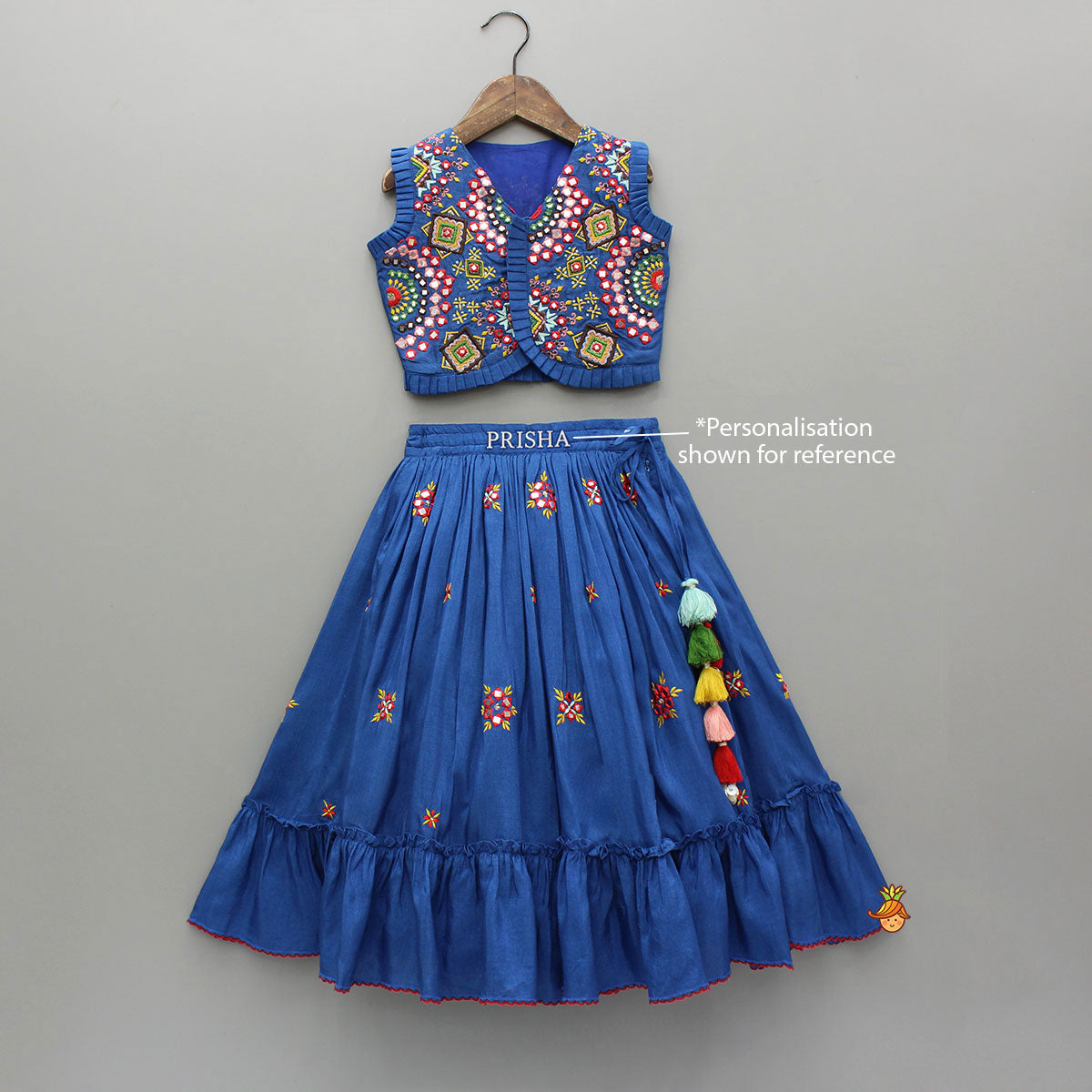Pre Order: Embroidered Blue Top And Flared Lehenga