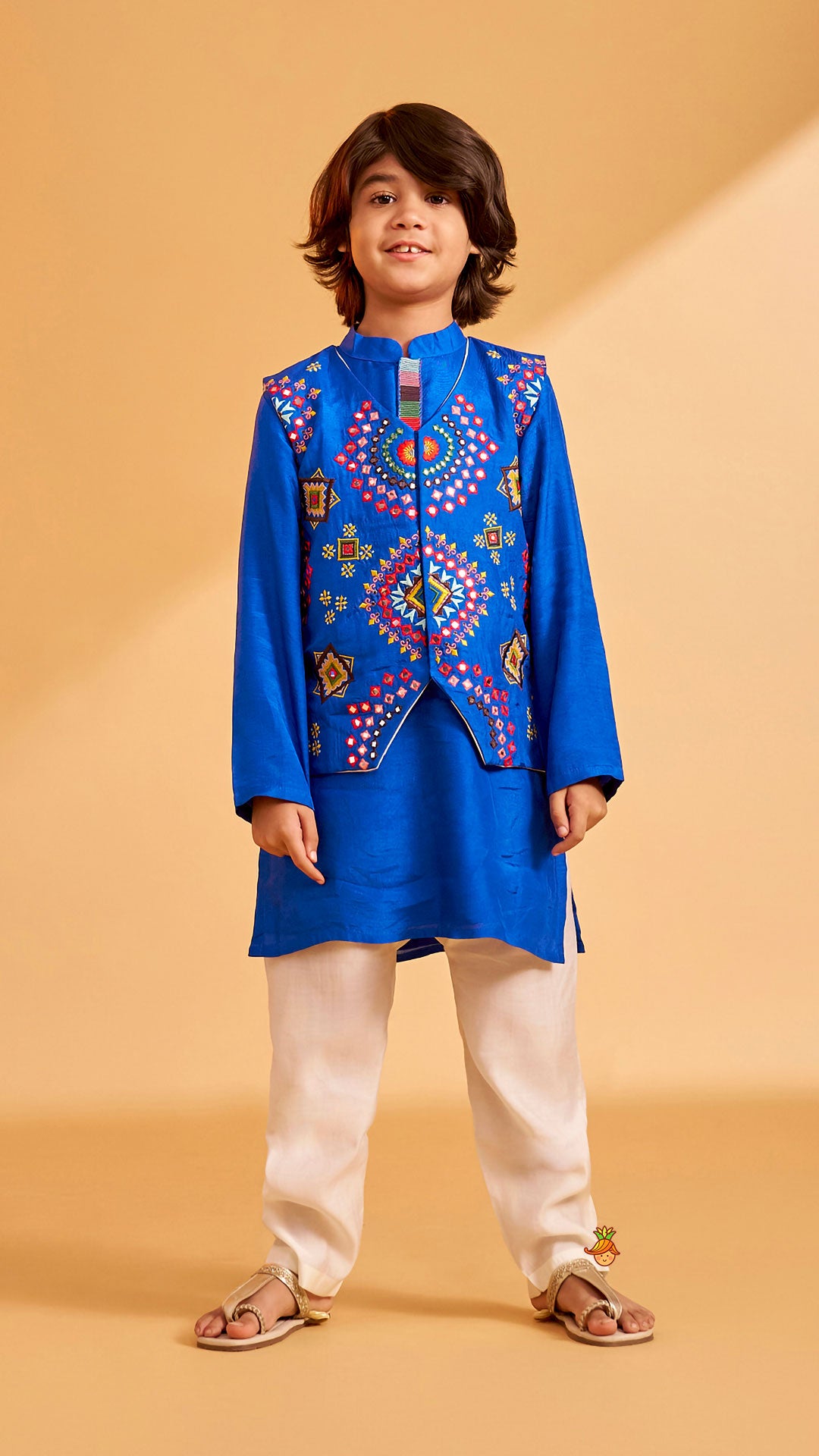 Pre Order: Blue Embroidered Jacket With Kurta And Pyjama