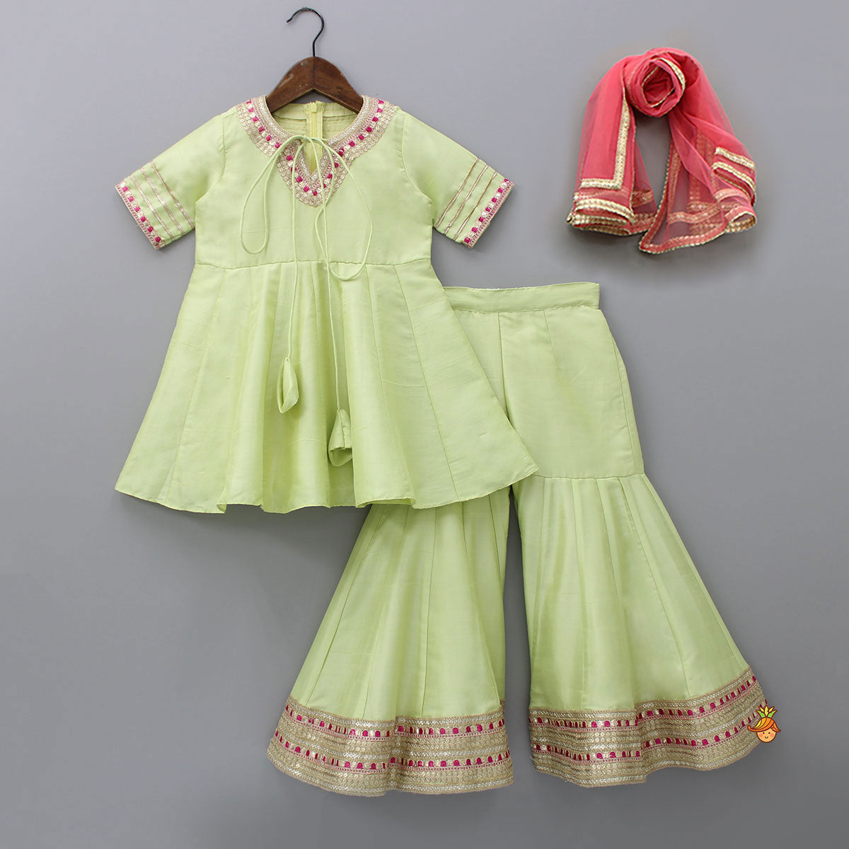 Pre Order: Green Kurti And Sharara With Pink Net Dupatta
