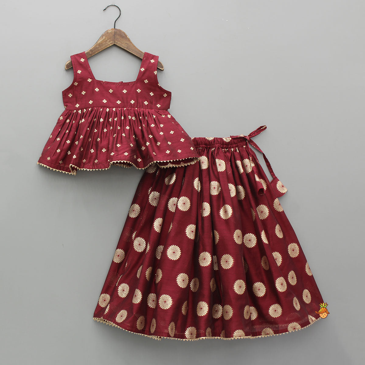 Pre Order: Chanderi Embroidered Maroon Peplum Top With Lehenga