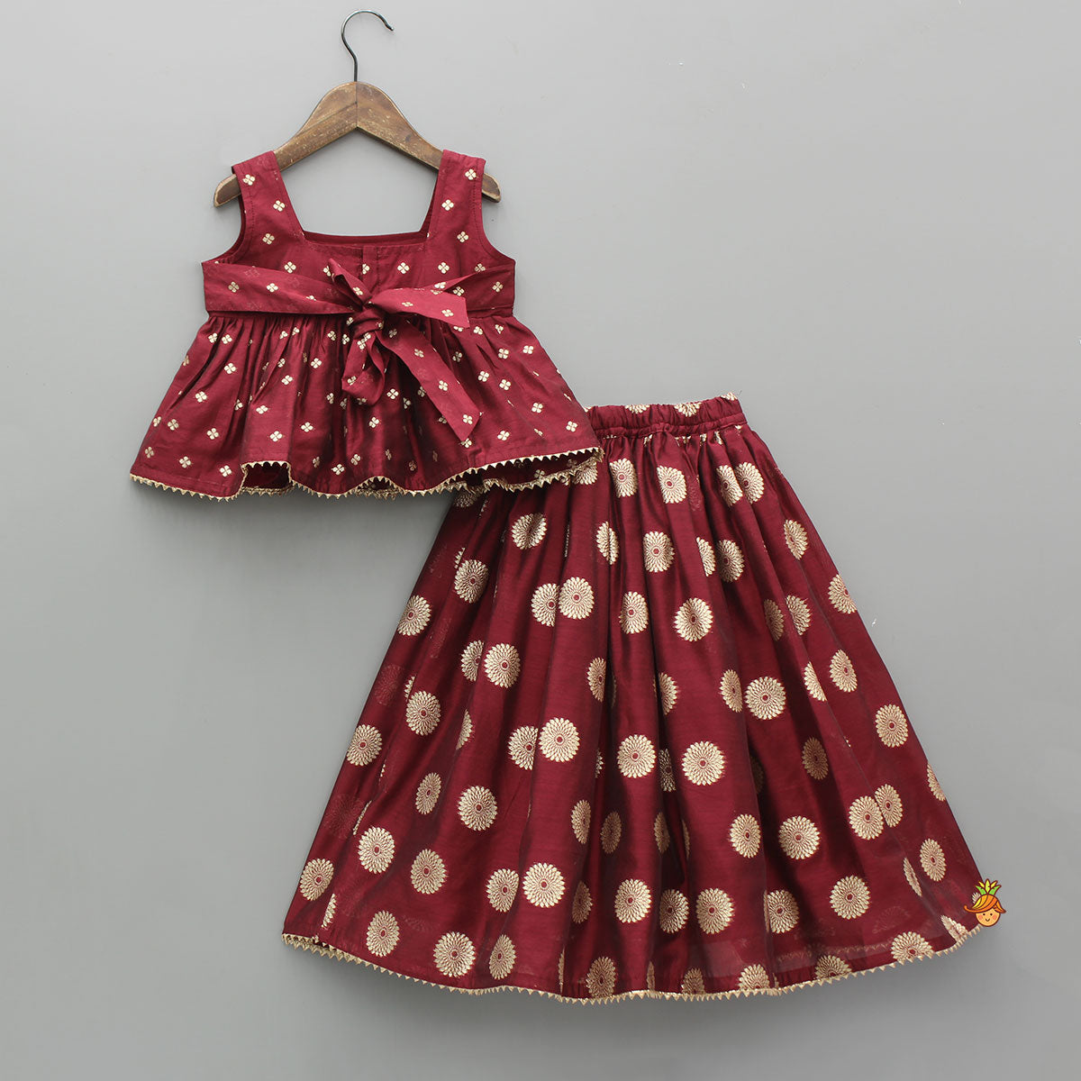 Pre Order: Chanderi Embroidered Maroon Peplum Top With Lehenga
