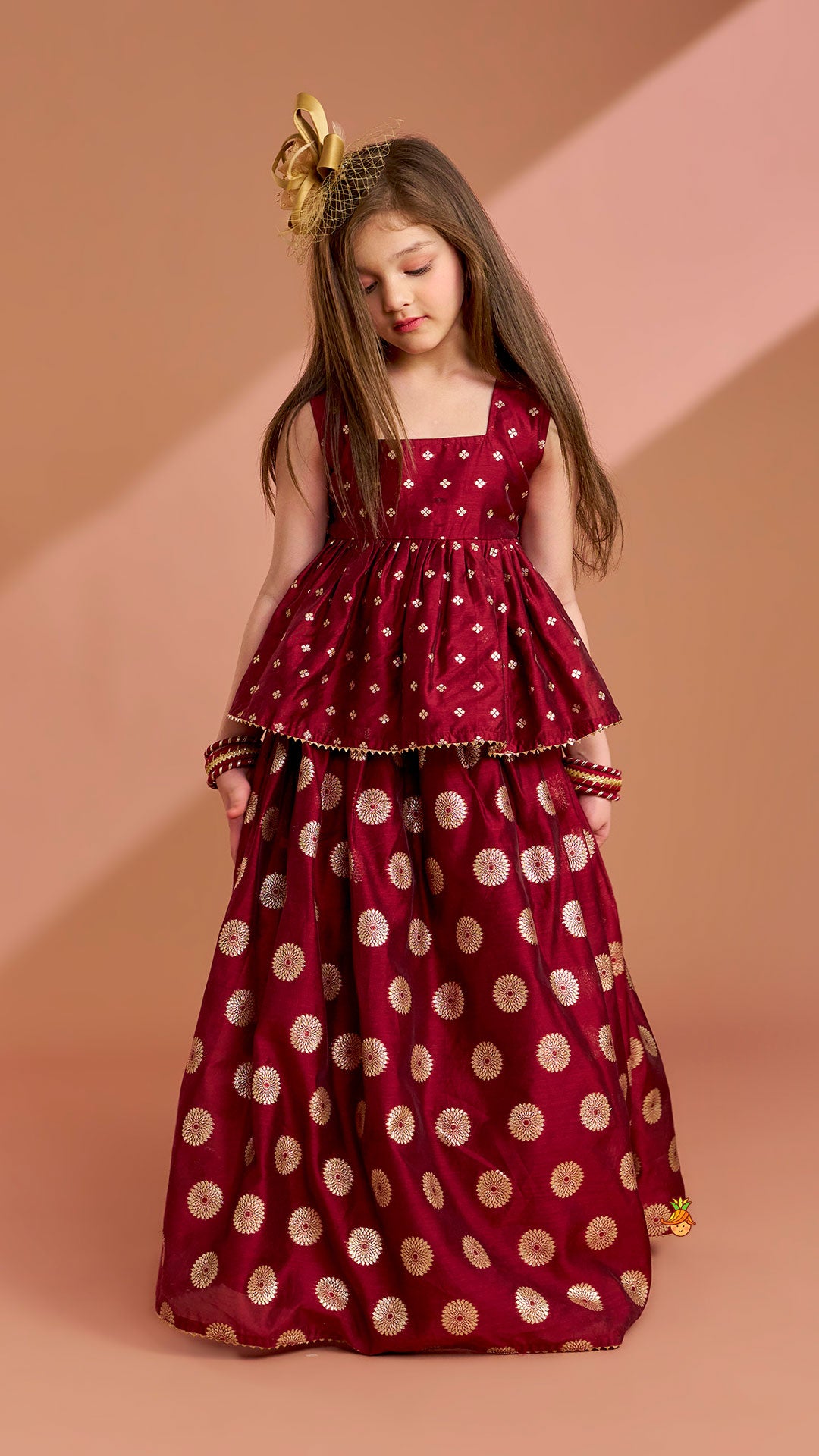 Pre Order: Chanderi Embroidered Maroon Peplum Top With Lehenga