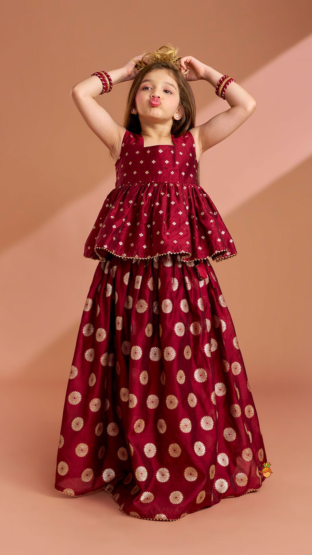 Pre Order: Chanderi Embroidered Maroon Peplum Top With Lehenga