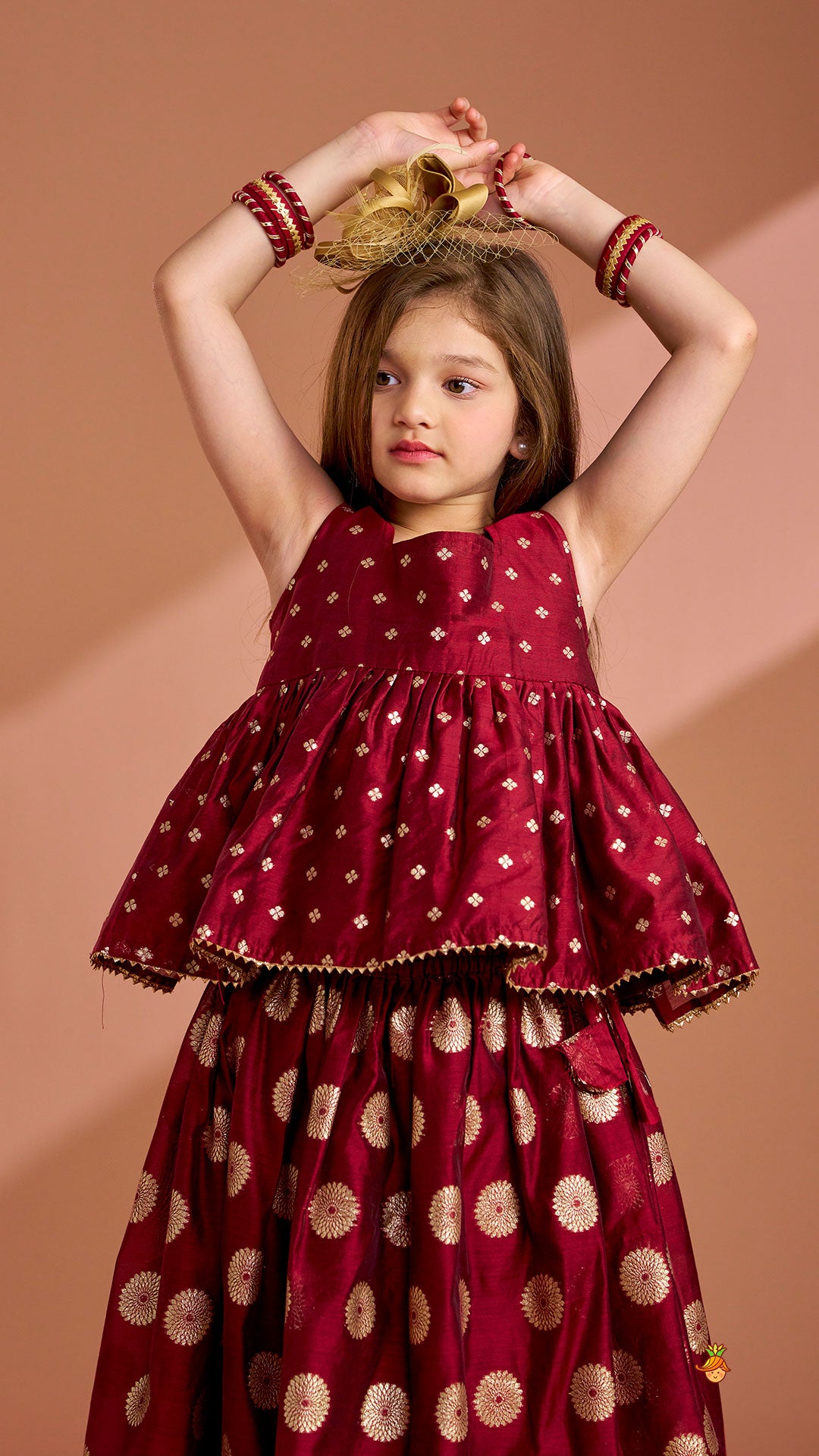 Pre Order: Chanderi Embroidered Maroon Peplum Top With Lehenga