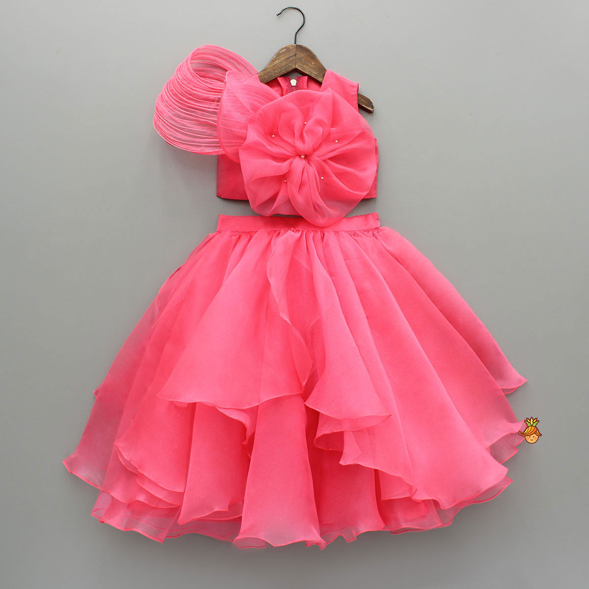 Pre Order: Flower Adorned Stylish Top And Asymmetrical Ruffle Lehenga