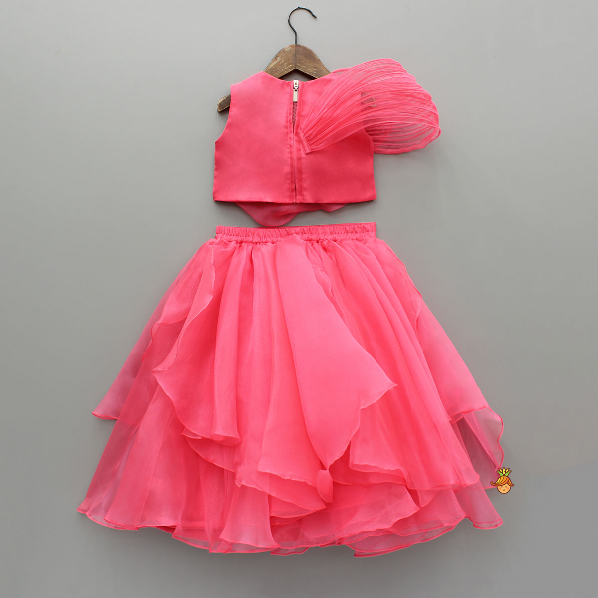 Pre Order: Flower Adorned Stylish Top And Asymmetrical Ruffle Lehenga