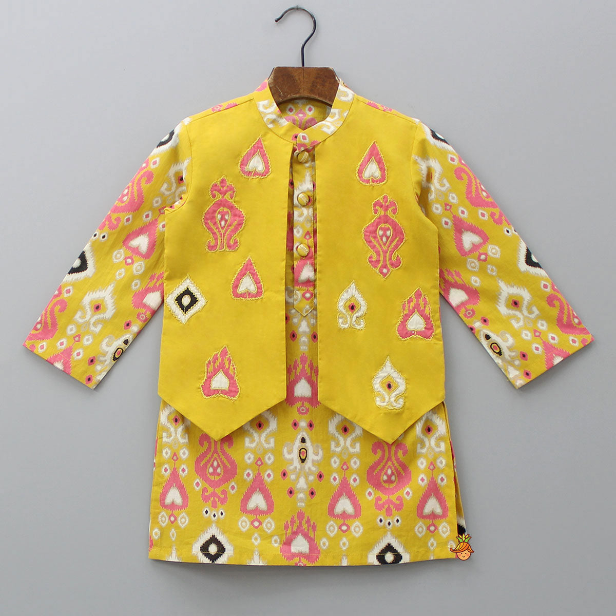 Pre Order: Multicoloured Printed Yellow Kurta With Attached Jacket And Pyjama