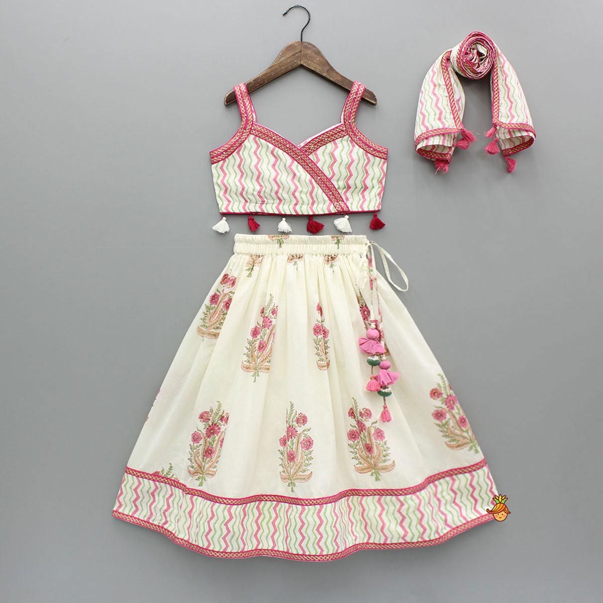 Pre Order: Chevron Printed Strappy Top And Lehenga With Matching Dupatta