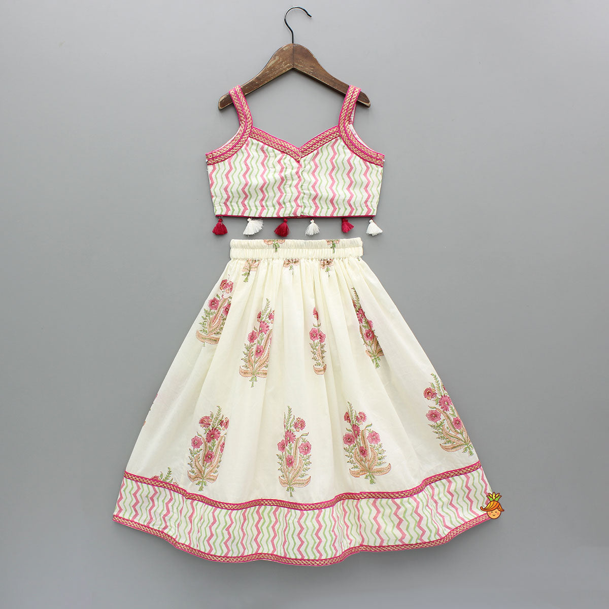 Pre Order: Chevron Printed Strappy Top And Lehenga With Matching Dupatta