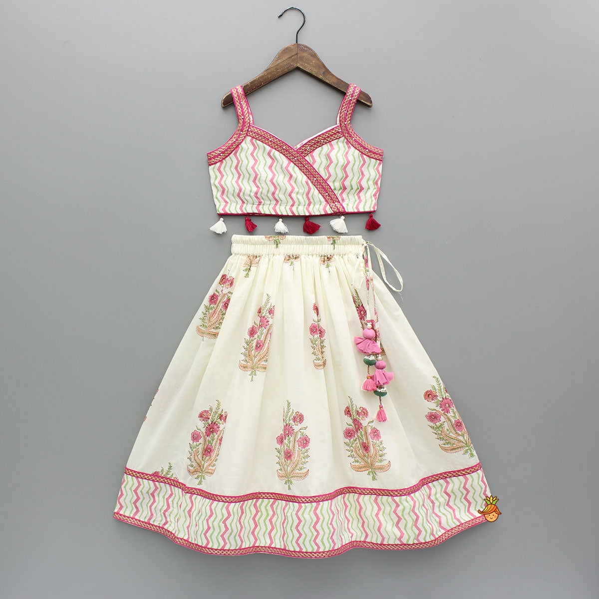 Pre Order: Chevron Printed Strappy Top And Lehenga With Matching Dupatta