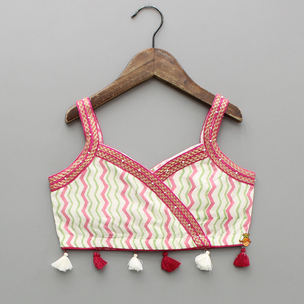 Pre Order: Chevron Printed Strappy Top And Lehenga With Matching Dupatta