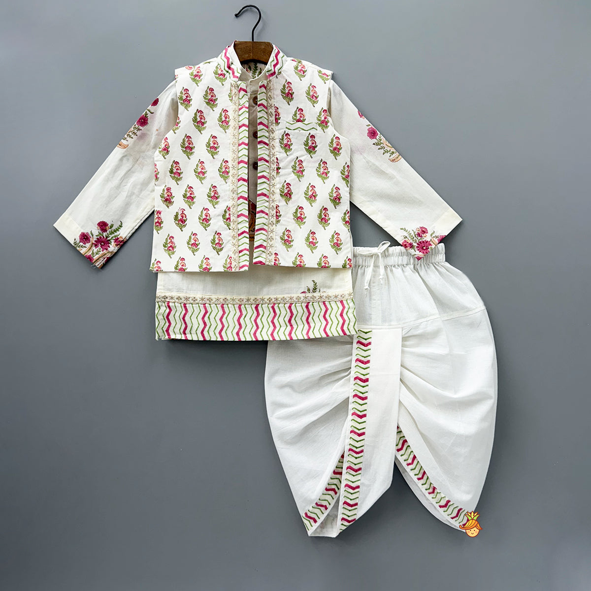 Pre Order: Multicoloured Floral Printed Kurta With Jacket And Dhoti