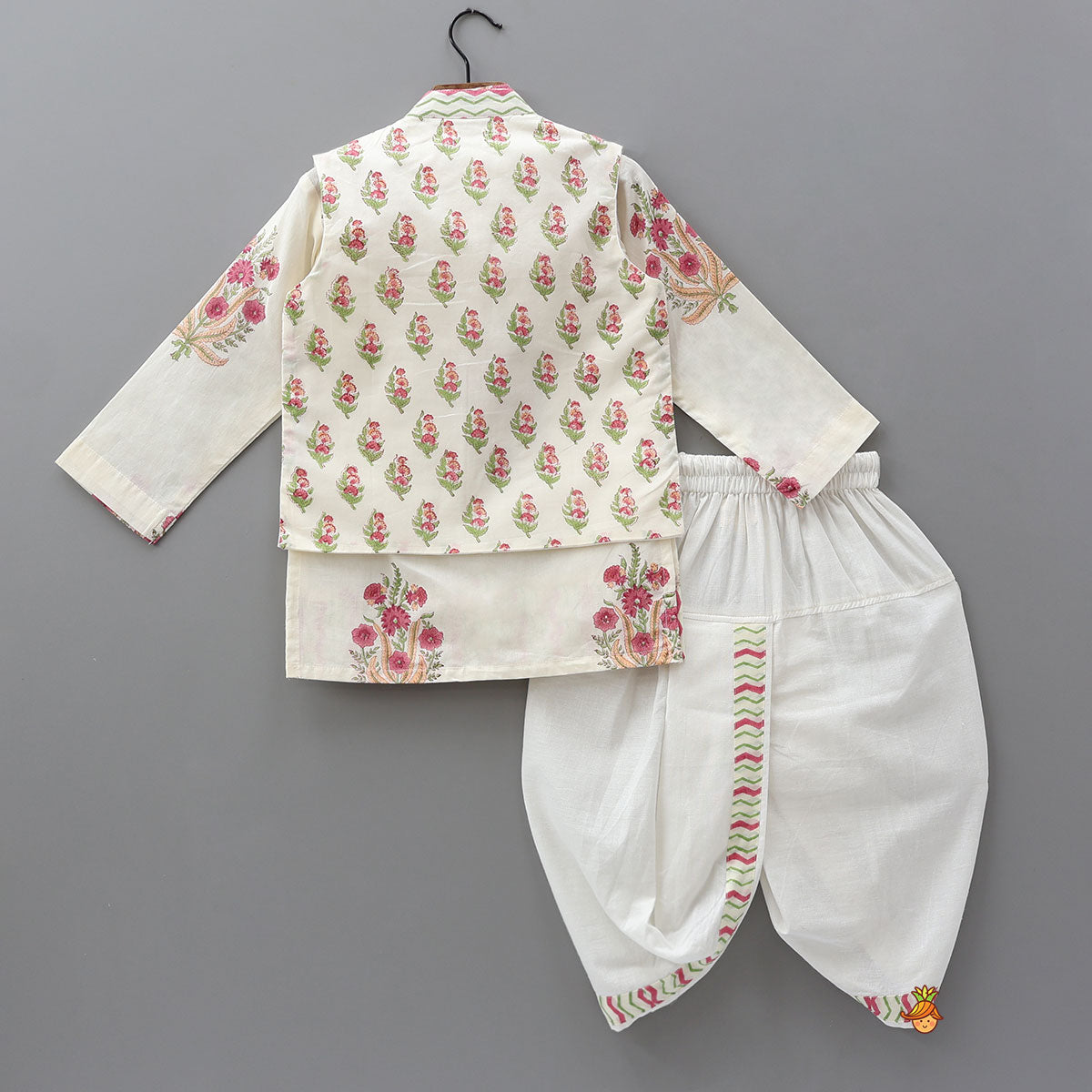 Pre Order: Multicoloured Floral Printed Kurta With Jacket And Dhoti