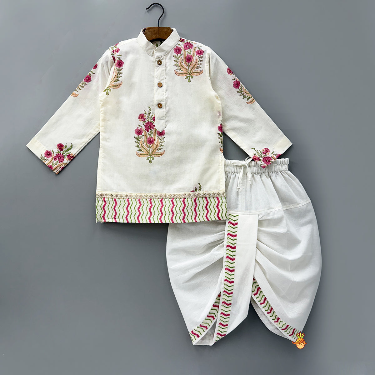 Pre Order: Multicoloured Floral Printed Kurta With Jacket And Dhoti