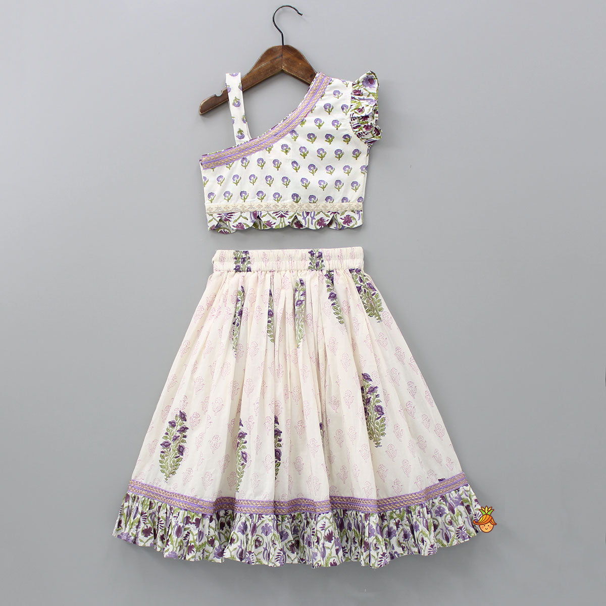 Pre Order: Floral Printed One Shoulder Top With Lehenga And Dupatta
