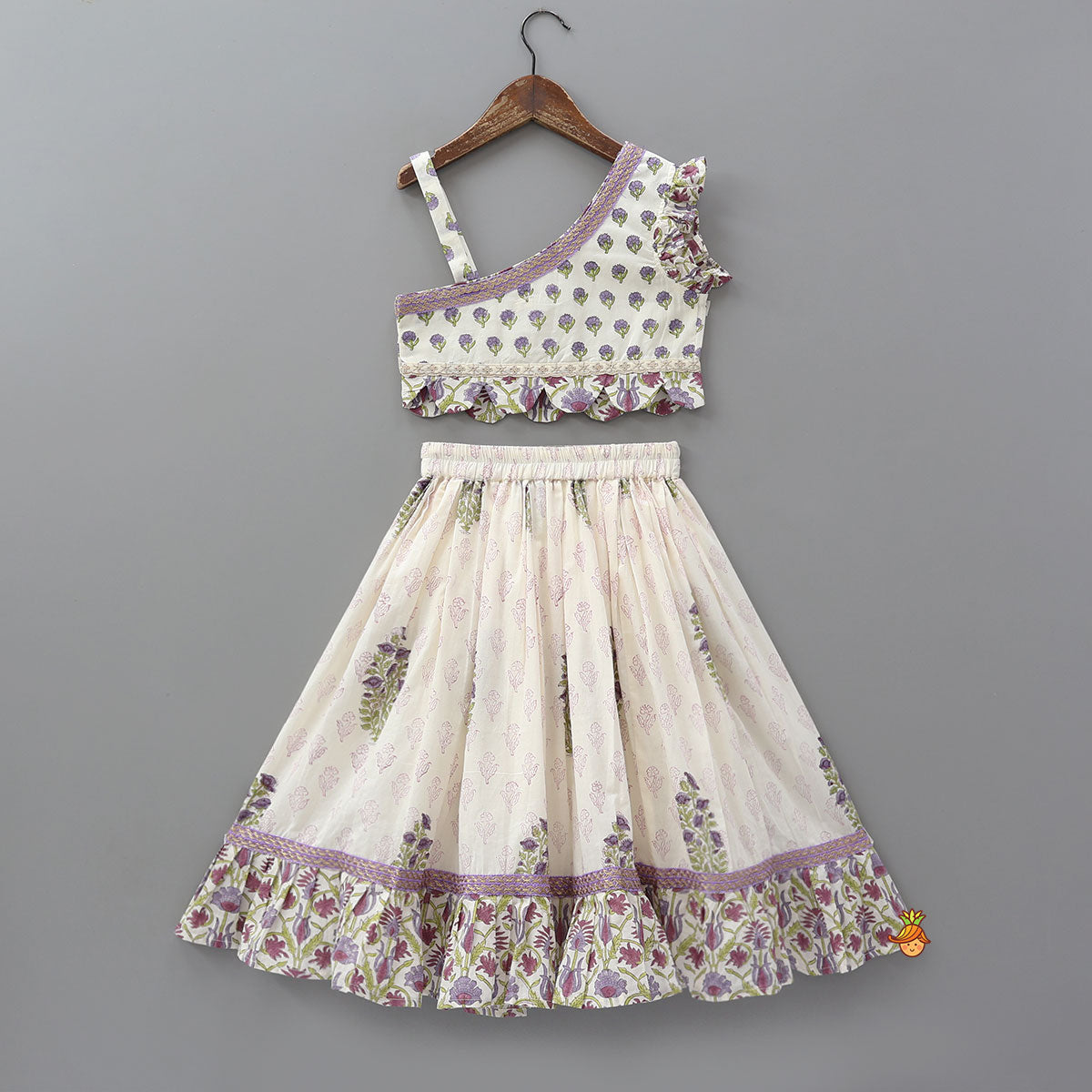 Pre Order: Floral Printed One Shoulder Top With Lehenga And Dupatta