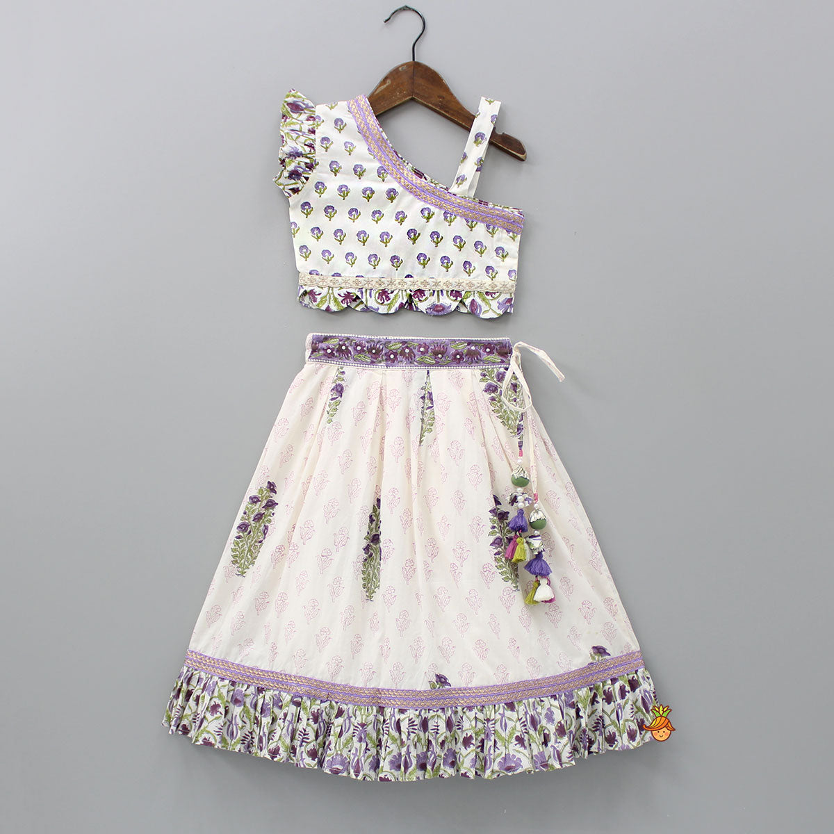 Pre Order: Floral Printed One Shoulder Top With Lehenga And Dupatta