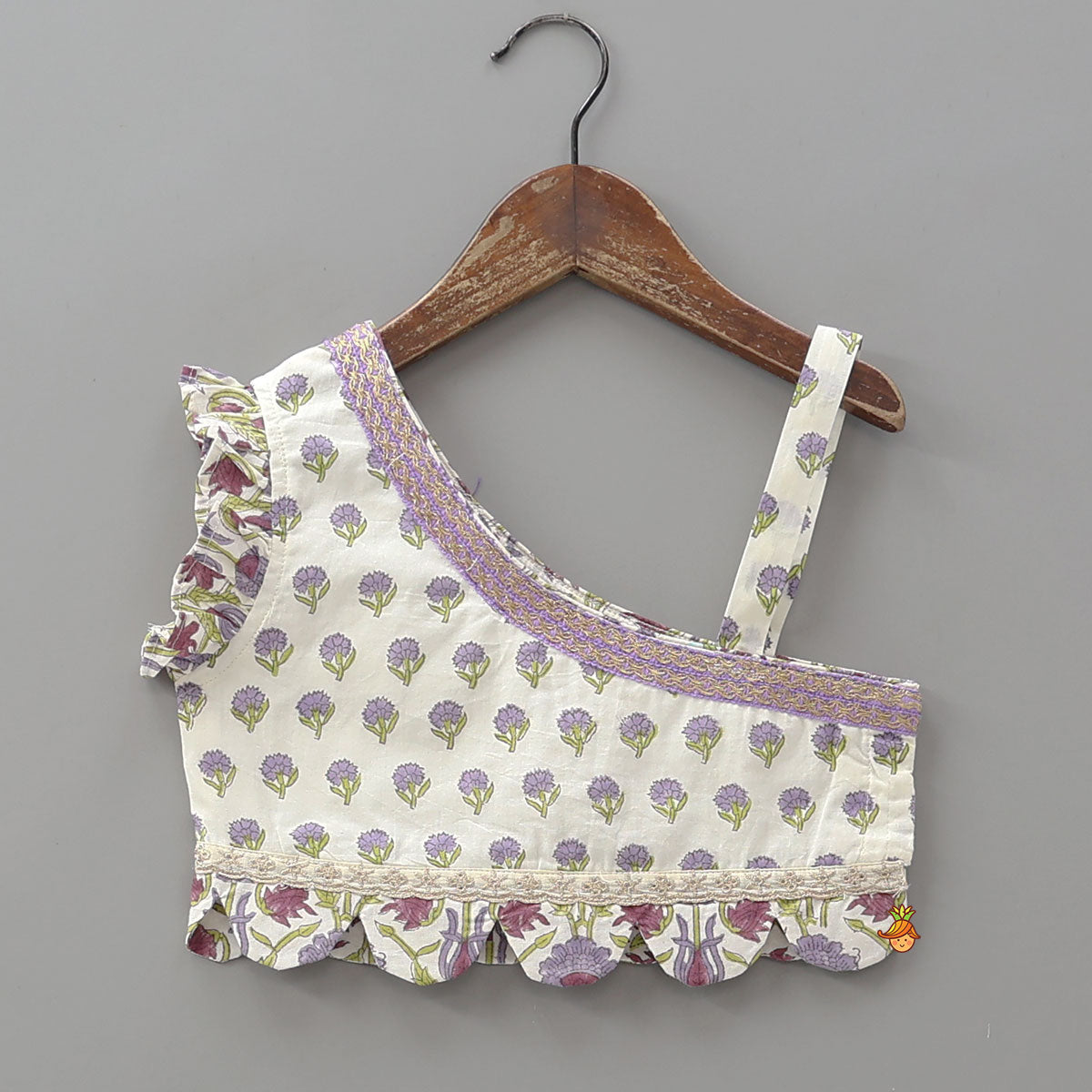 Pre Order: Floral Printed One Shoulder Top With Lehenga And Dupatta