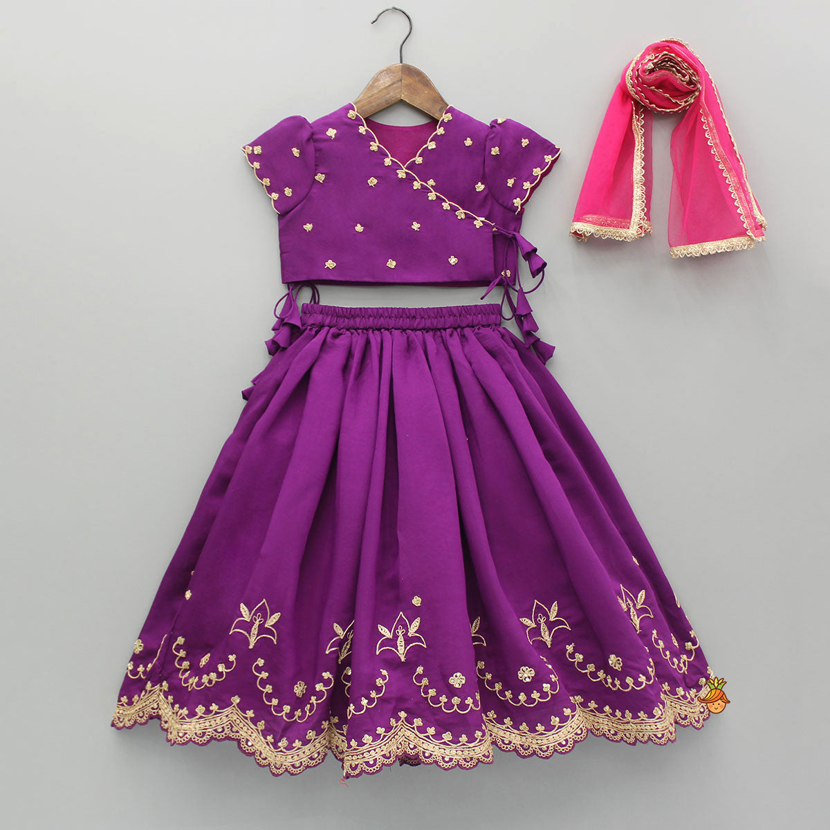 Pre Order: Purple Embroidered Front Overlap Top With Lehenga And Dupatta