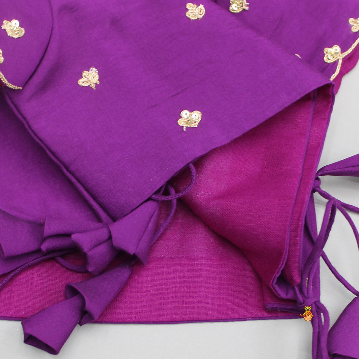 Pre Order: Purple Embroidered Front Overlap Top With Lehenga And Dupatta