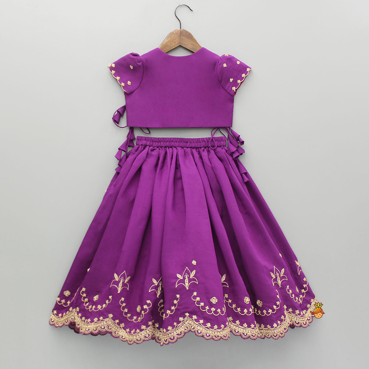 Pre Order: Purple Embroidered Front Overlap Top With Lehenga And Dupatta