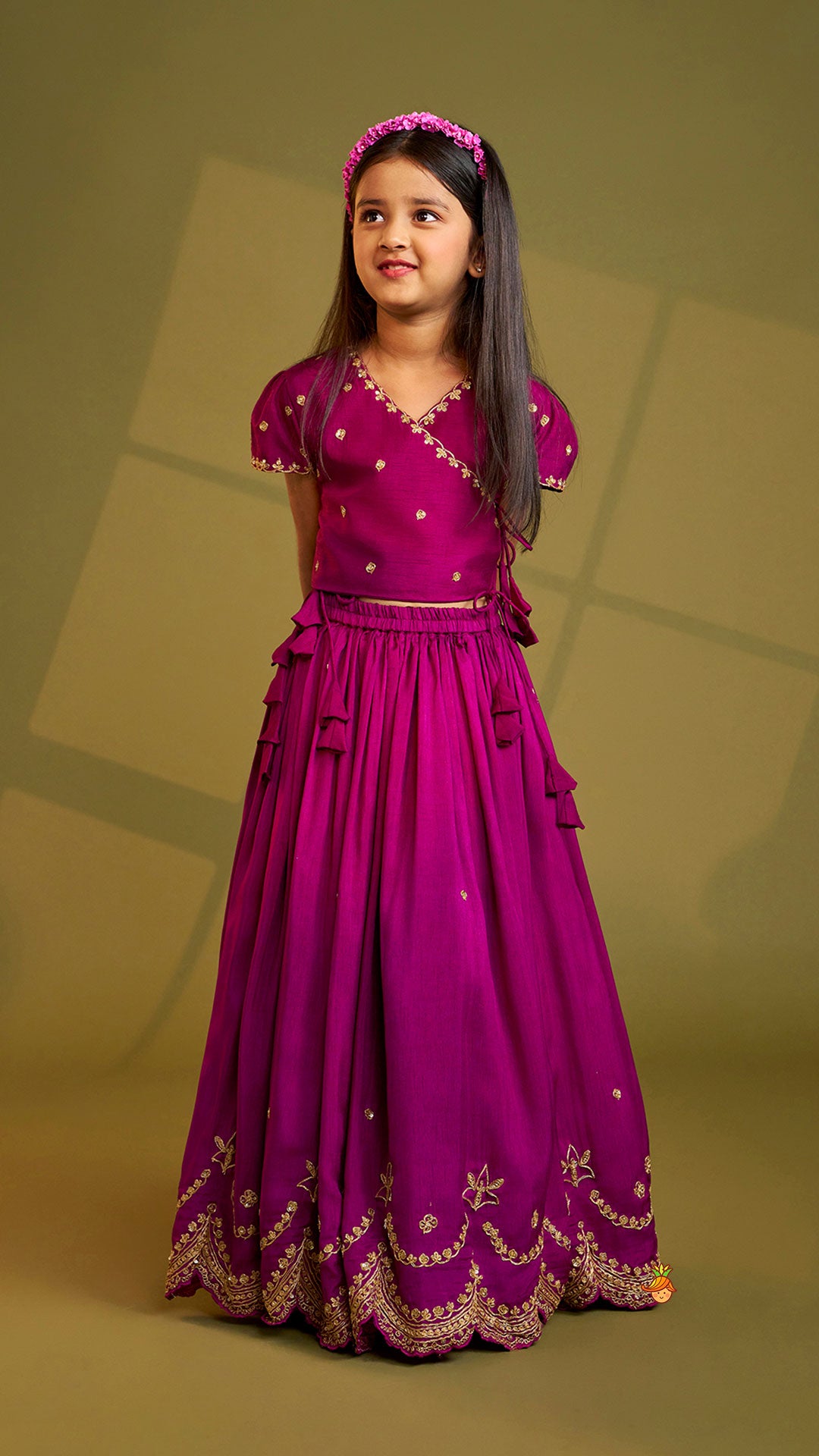 Pre Order: Purple Embroidered Front Overlap Top With Lehenga And Dupatta