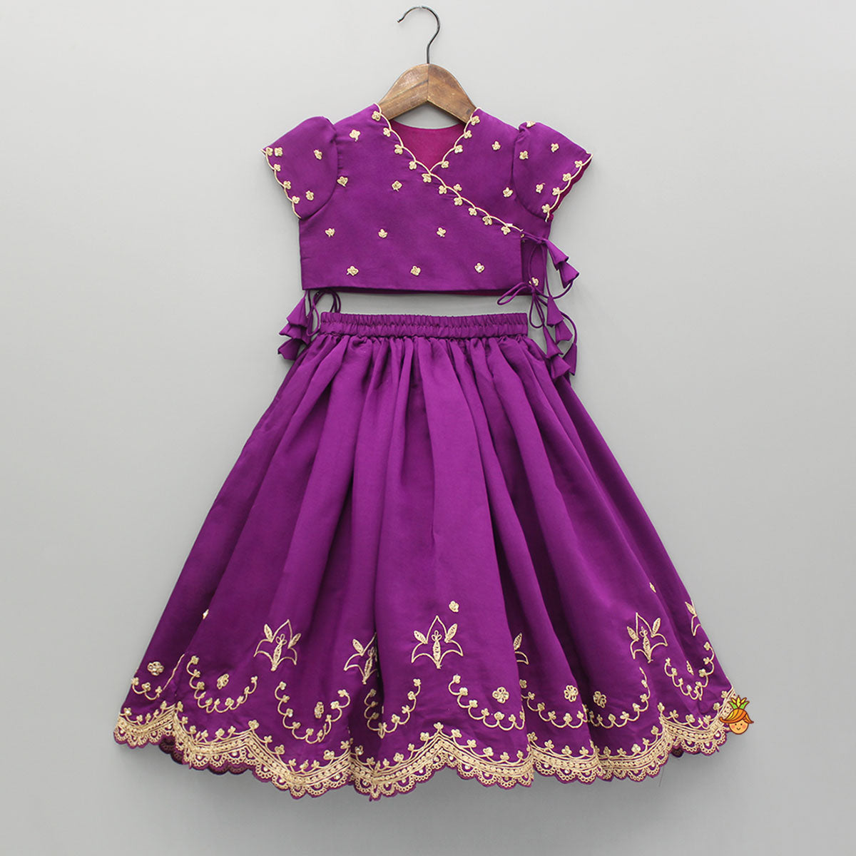 Pre Order: Purple Embroidered Front Overlap Top With Lehenga And Dupatta