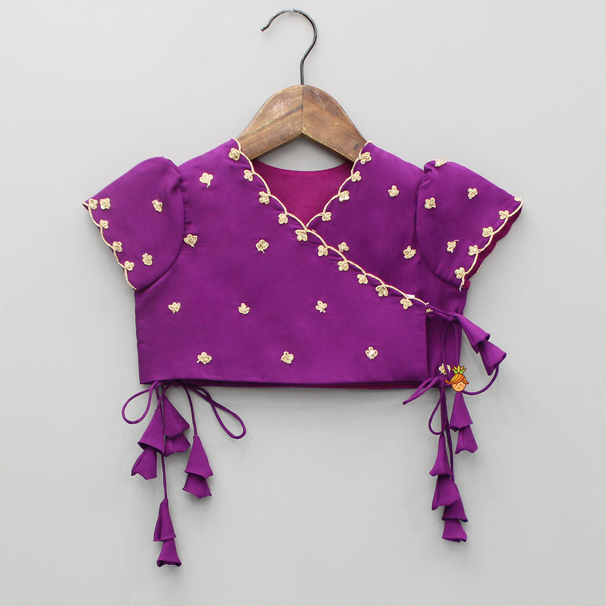 Pre Order: Purple Embroidered Front Overlap Top With Lehenga And Dupatta