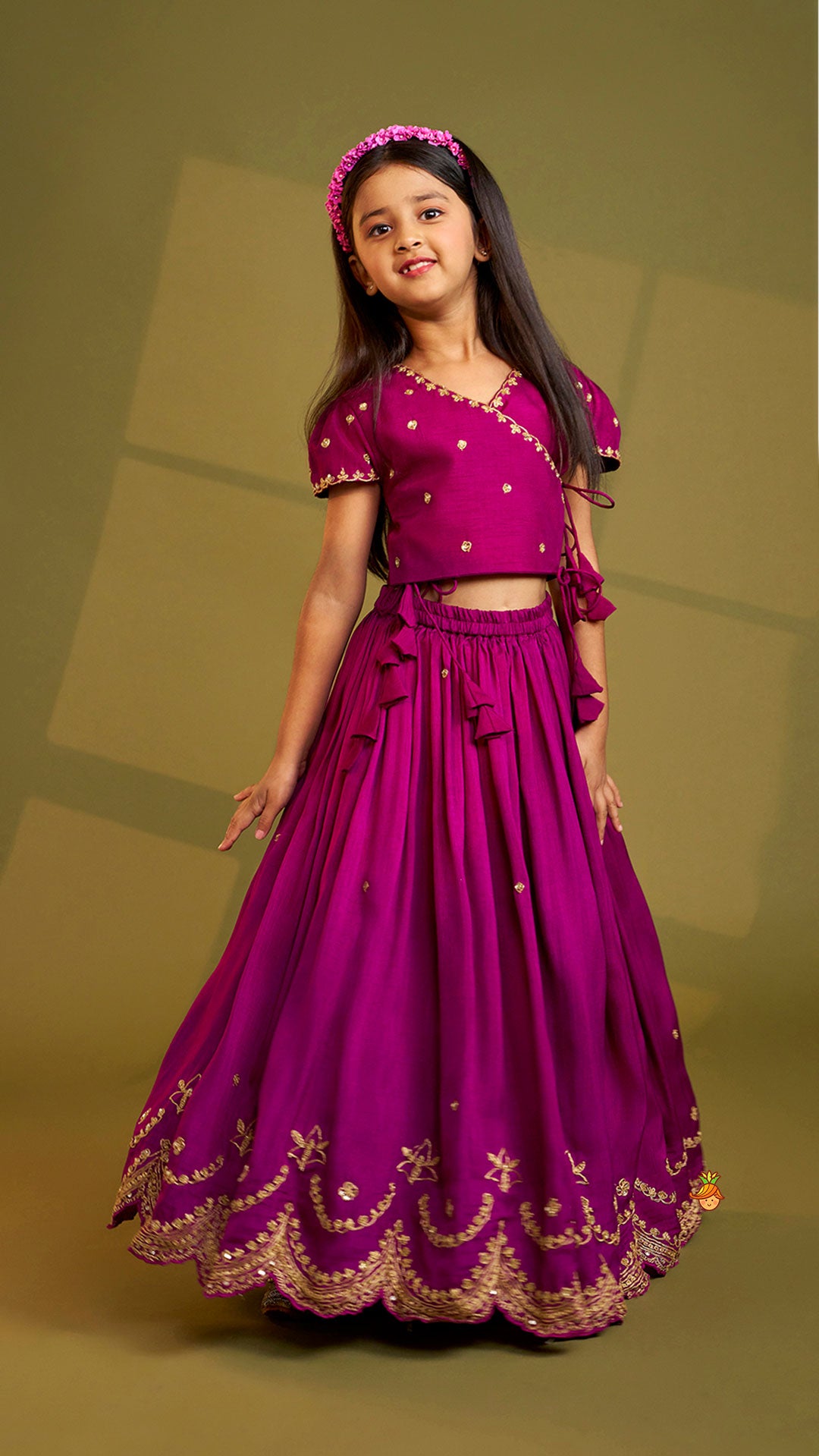 Pre Order: Purple Embroidered Front Overlap Top With Lehenga And Dupatta