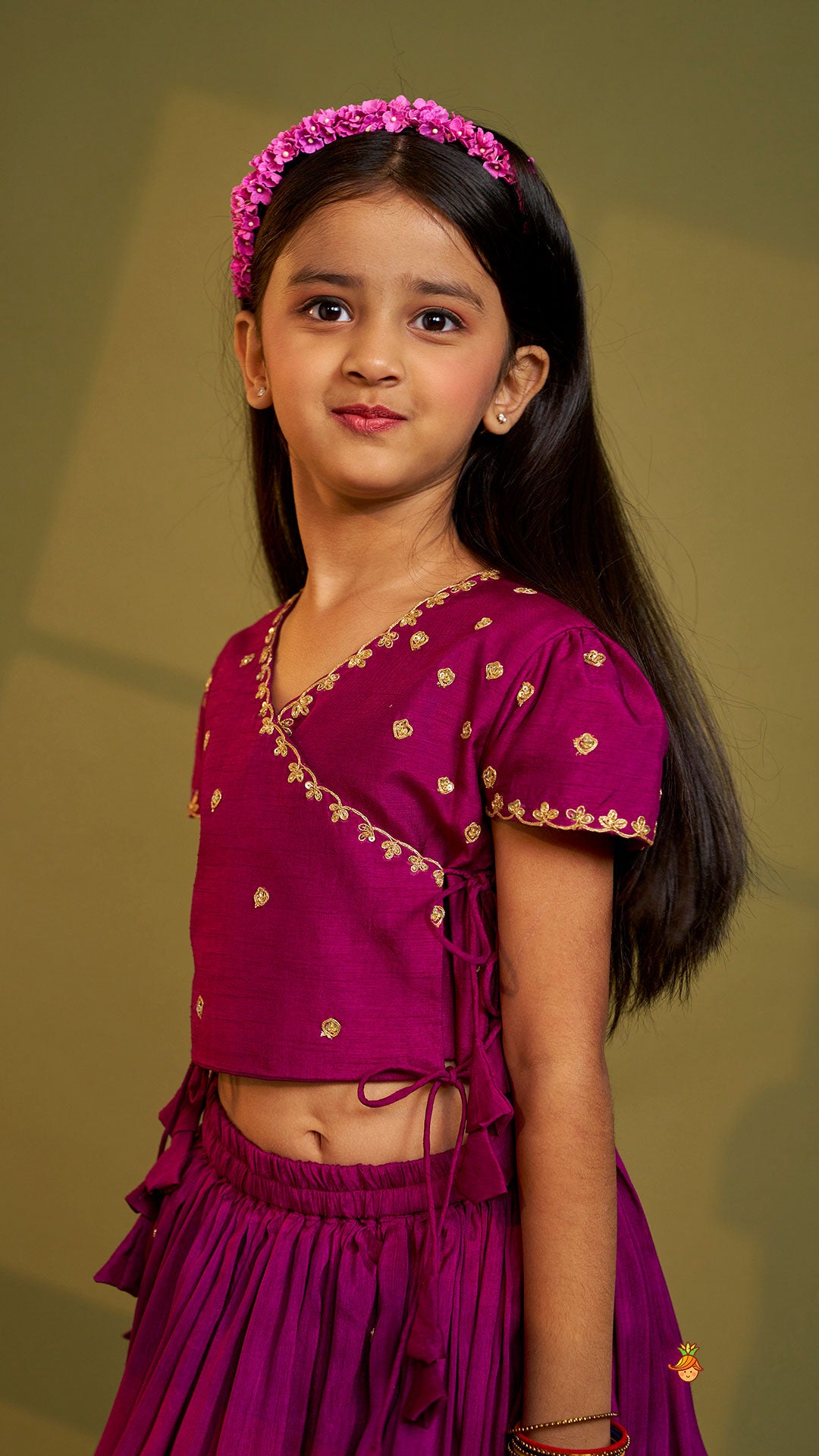 Pre Order: Purple Embroidered Front Overlap Top With Lehenga And Dupatta