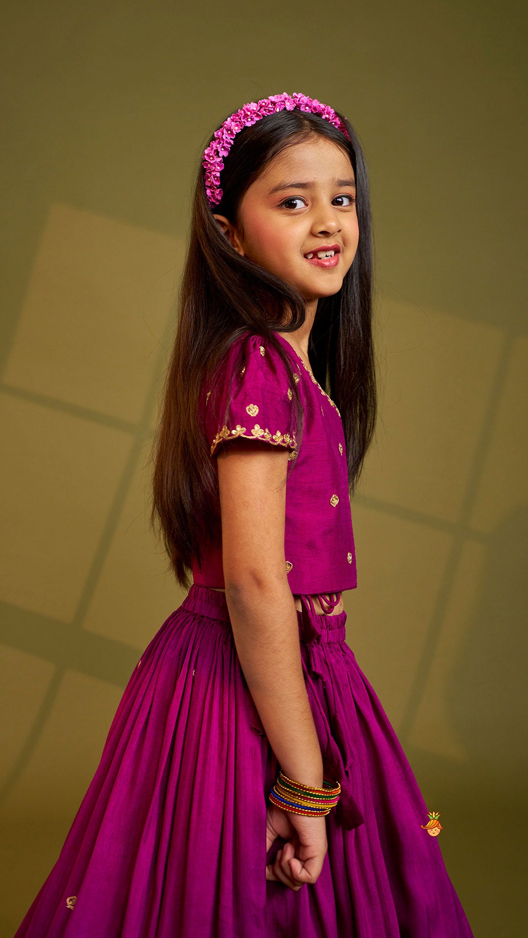 Pre Order: Purple Embroidered Front Overlap Top With Lehenga And Dupatta