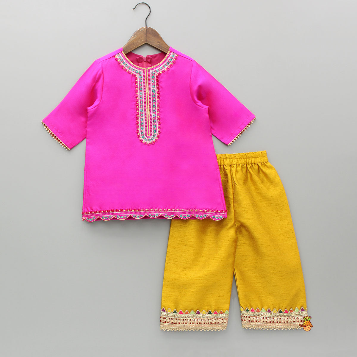 Pre Order: Pink Embroidered Kurti With Pant And Dupatta