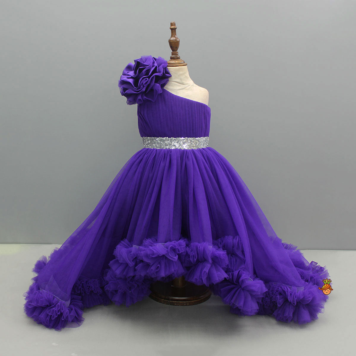 Pre Order: Purple One Shoulder High Low Dress With Matching Head Band And Detachable Bow