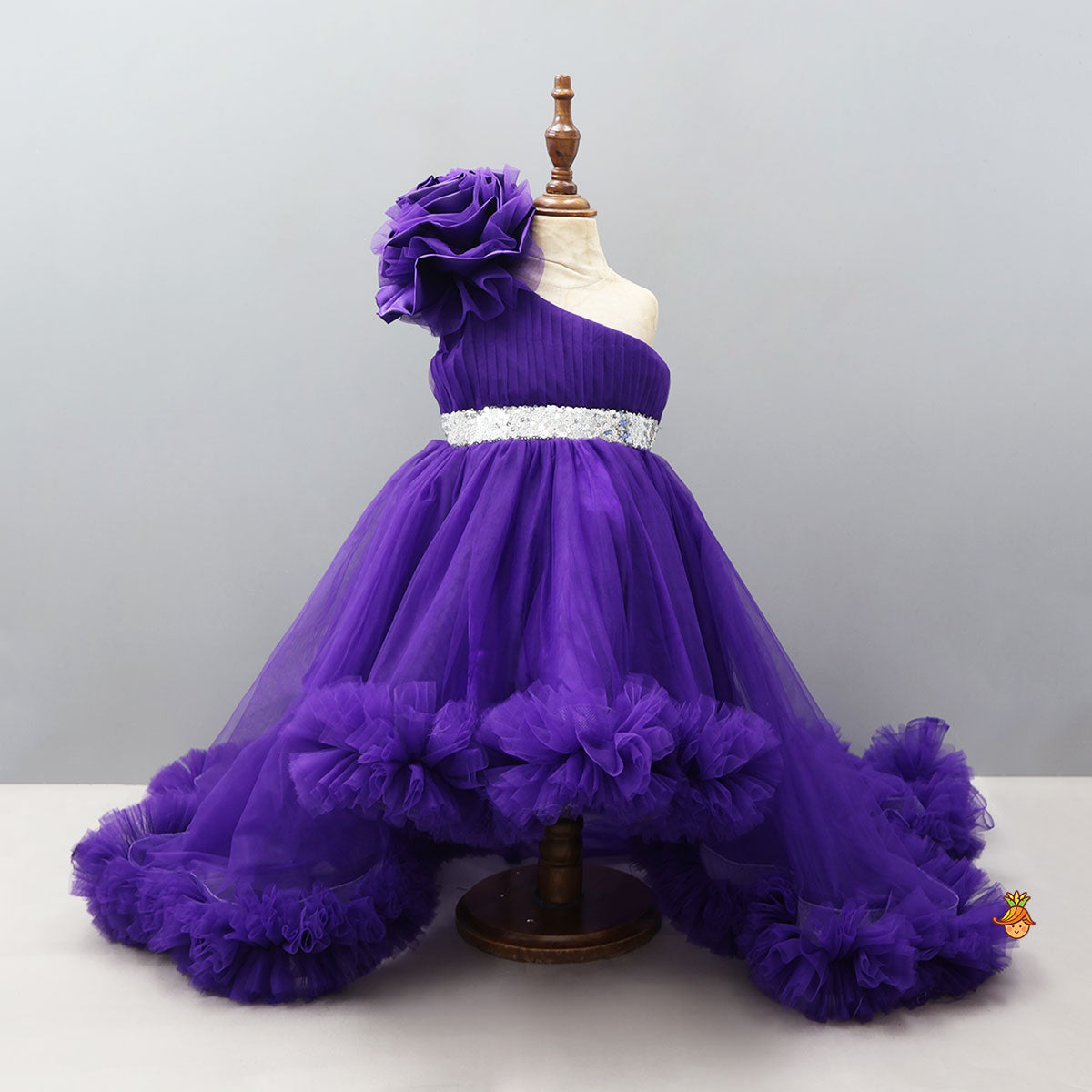Purple One Shoulder High Low Dress With Matching Hair Clip And Detachable Bow