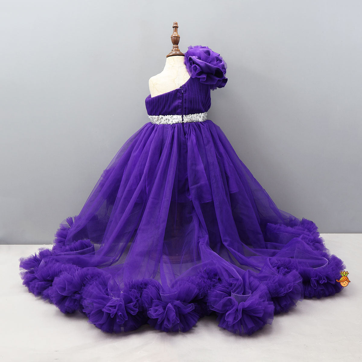 Purple One Shoulder High Low Dress With Matching Hair Clip And Detachable Bow