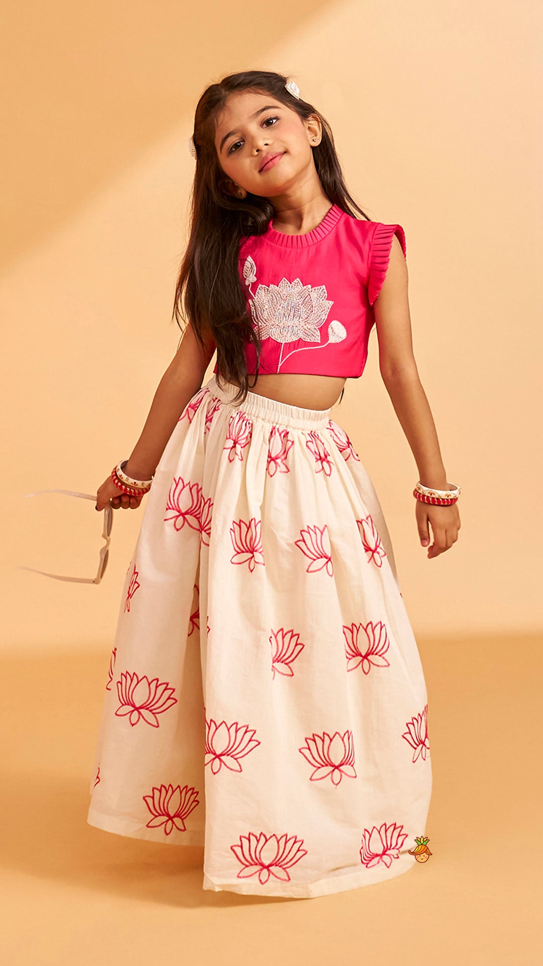 Pre Order: Lotus Embroidered Pink Top With Lehenga