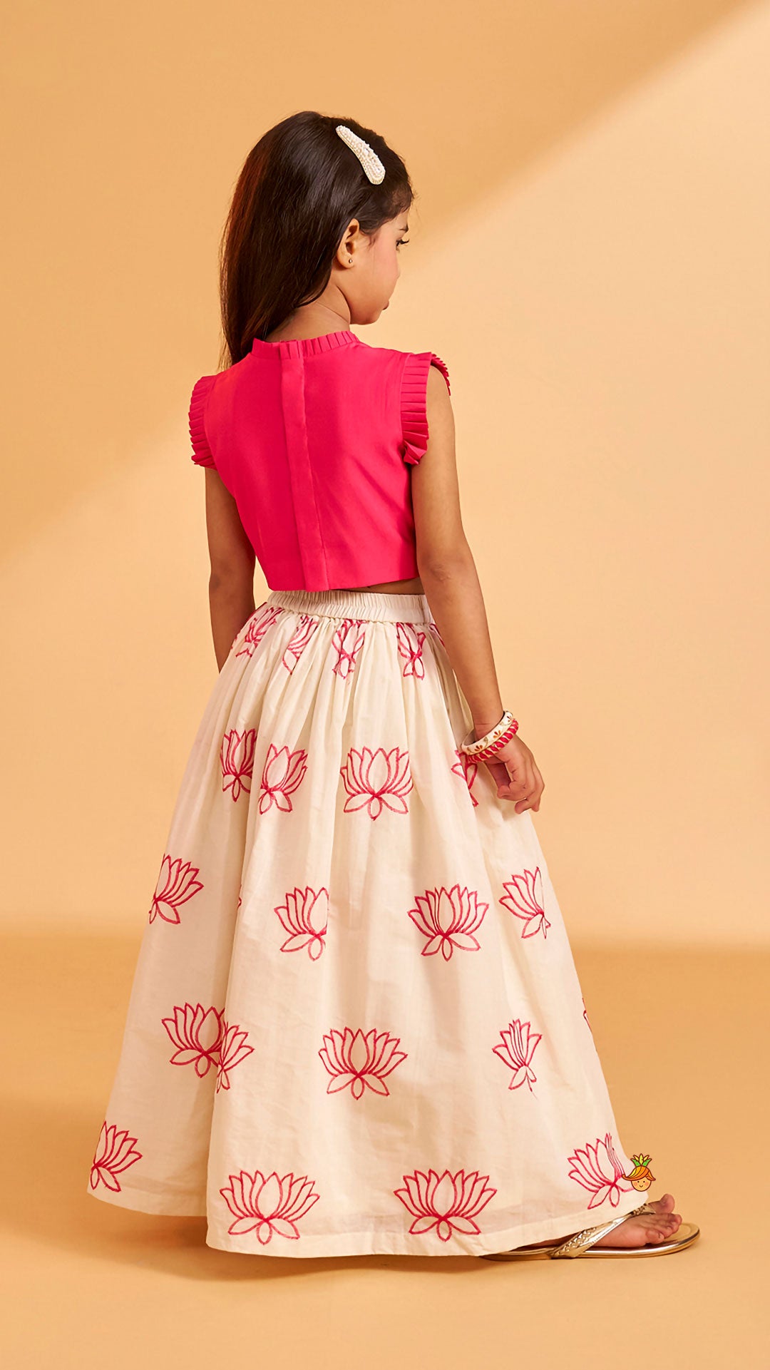 Pre Order: Lotus Embroidered Pink Top With Lehenga