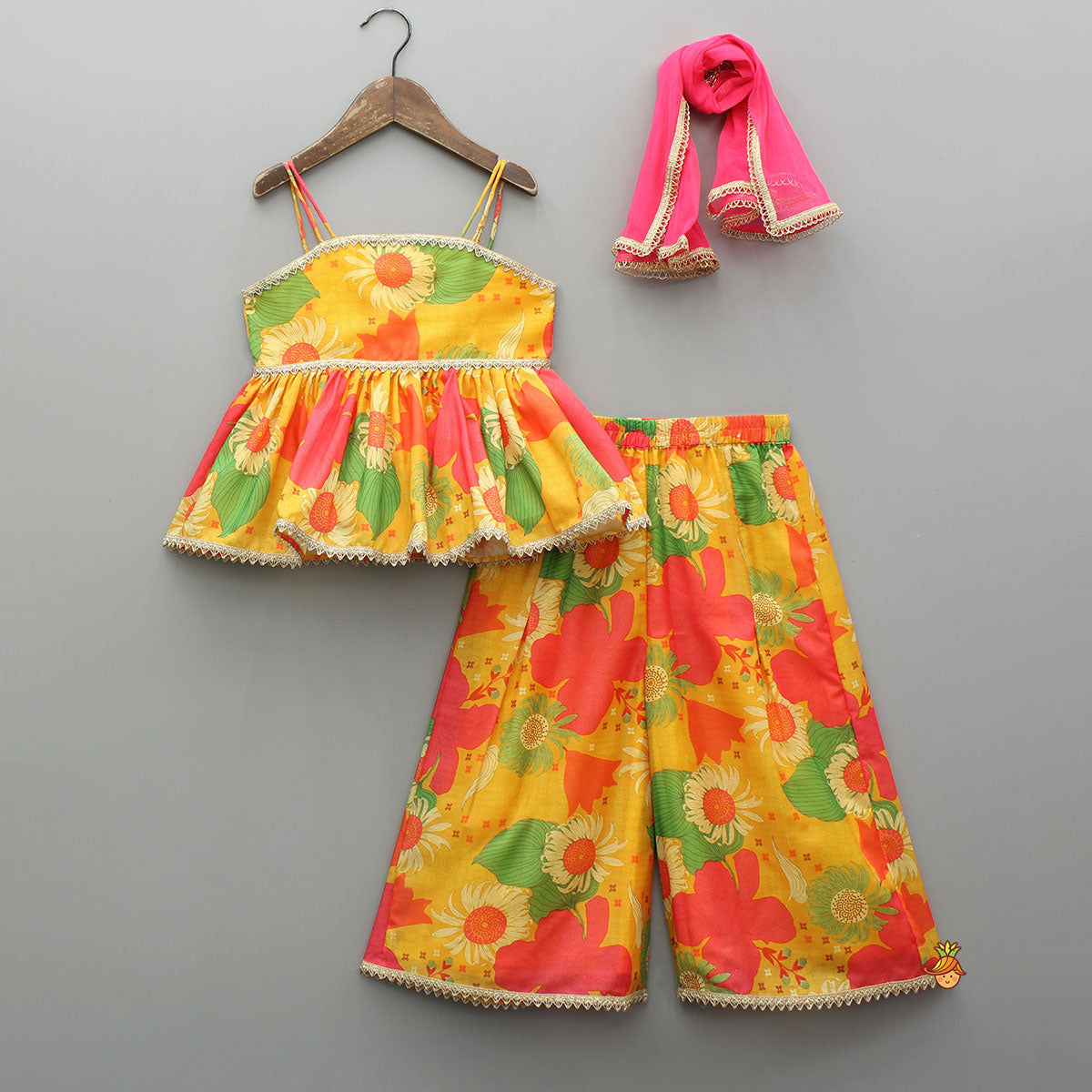 Pre Order: Multicolour Floral Printed Strappy Top And Palazzo With Dupatta