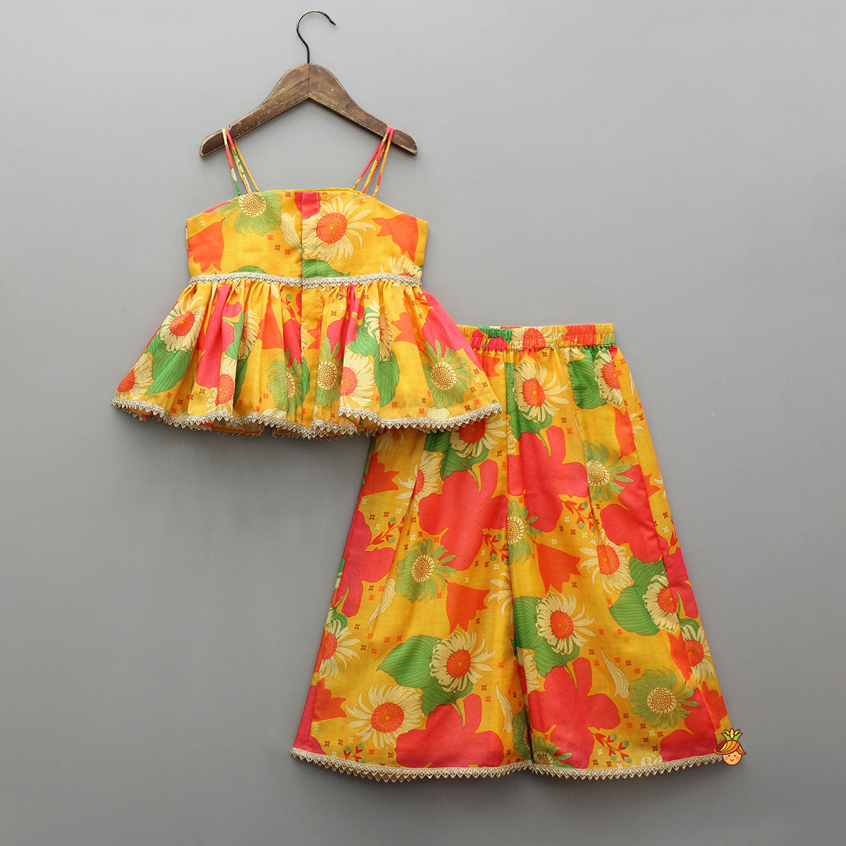Pre Order: Multicolour Floral Printed Strappy Top And Palazzo With Dupatta
