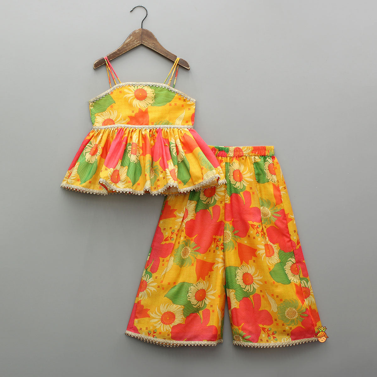 Pre Order: Multicolour Floral Printed Strappy Top And Palazzo With Dupatta
