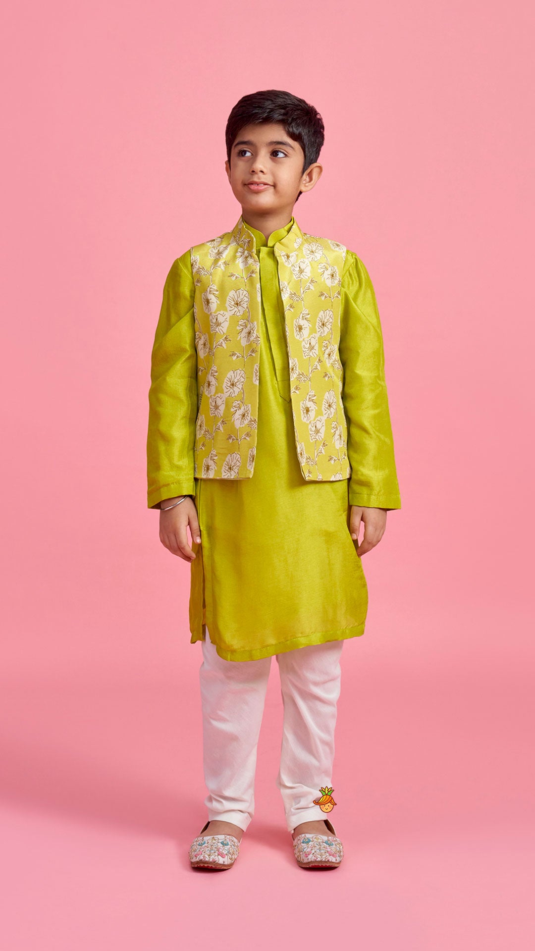Pre Order: Green Kurta And Floral Printed Jacket With Churidar