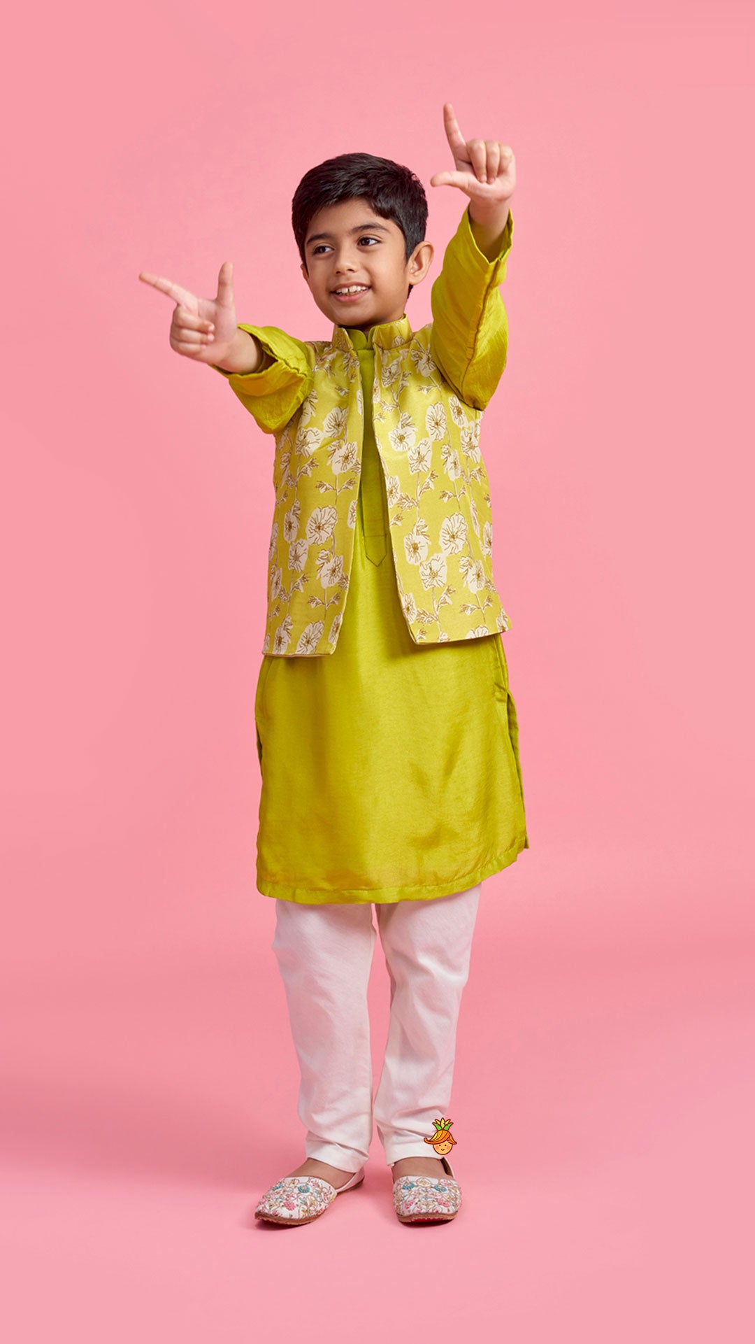 Pre Order: Green Kurta And Floral Printed Jacket With Churidar