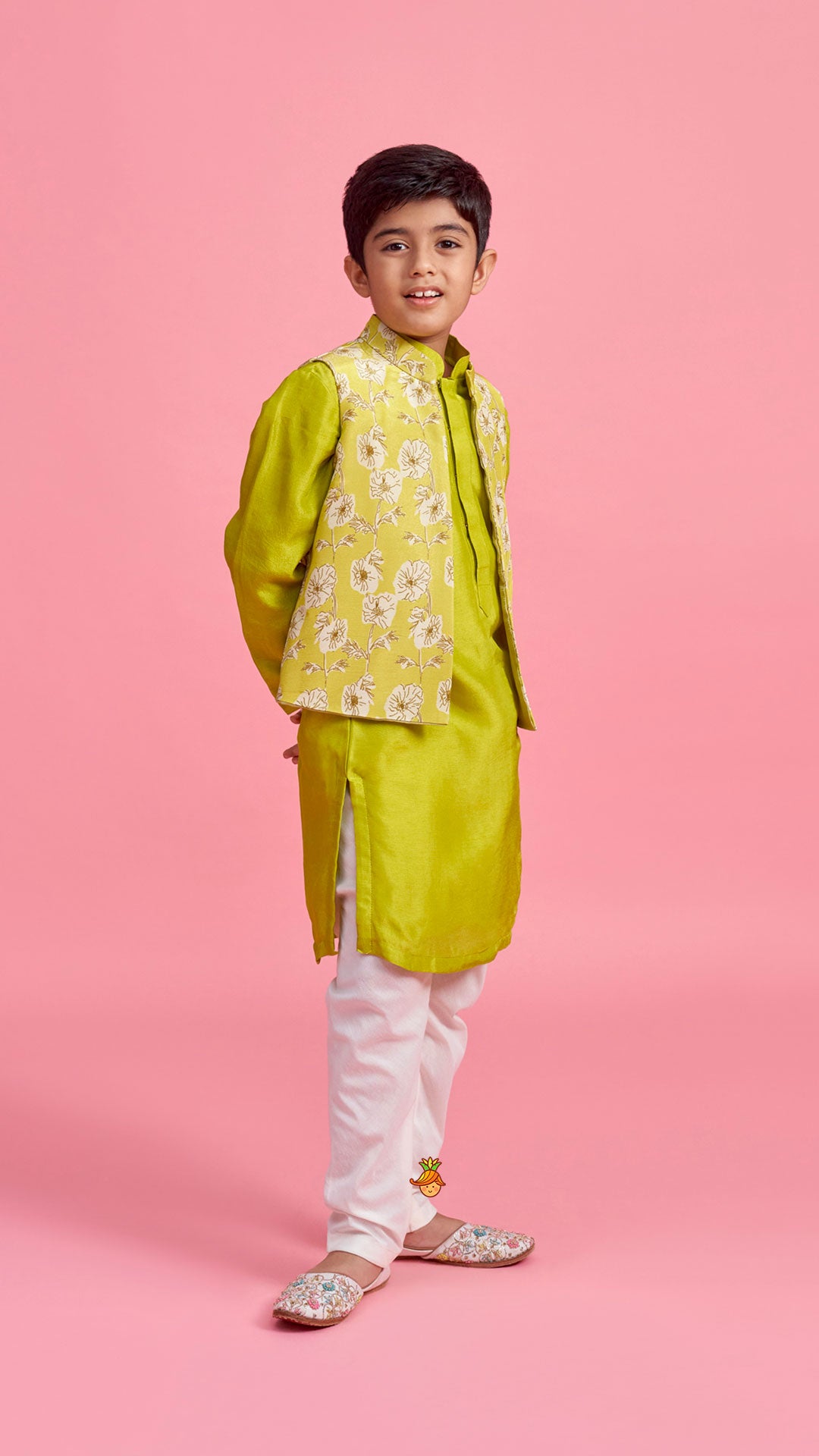 Pre Order: Green Kurta And Floral Printed Jacket With Churidar