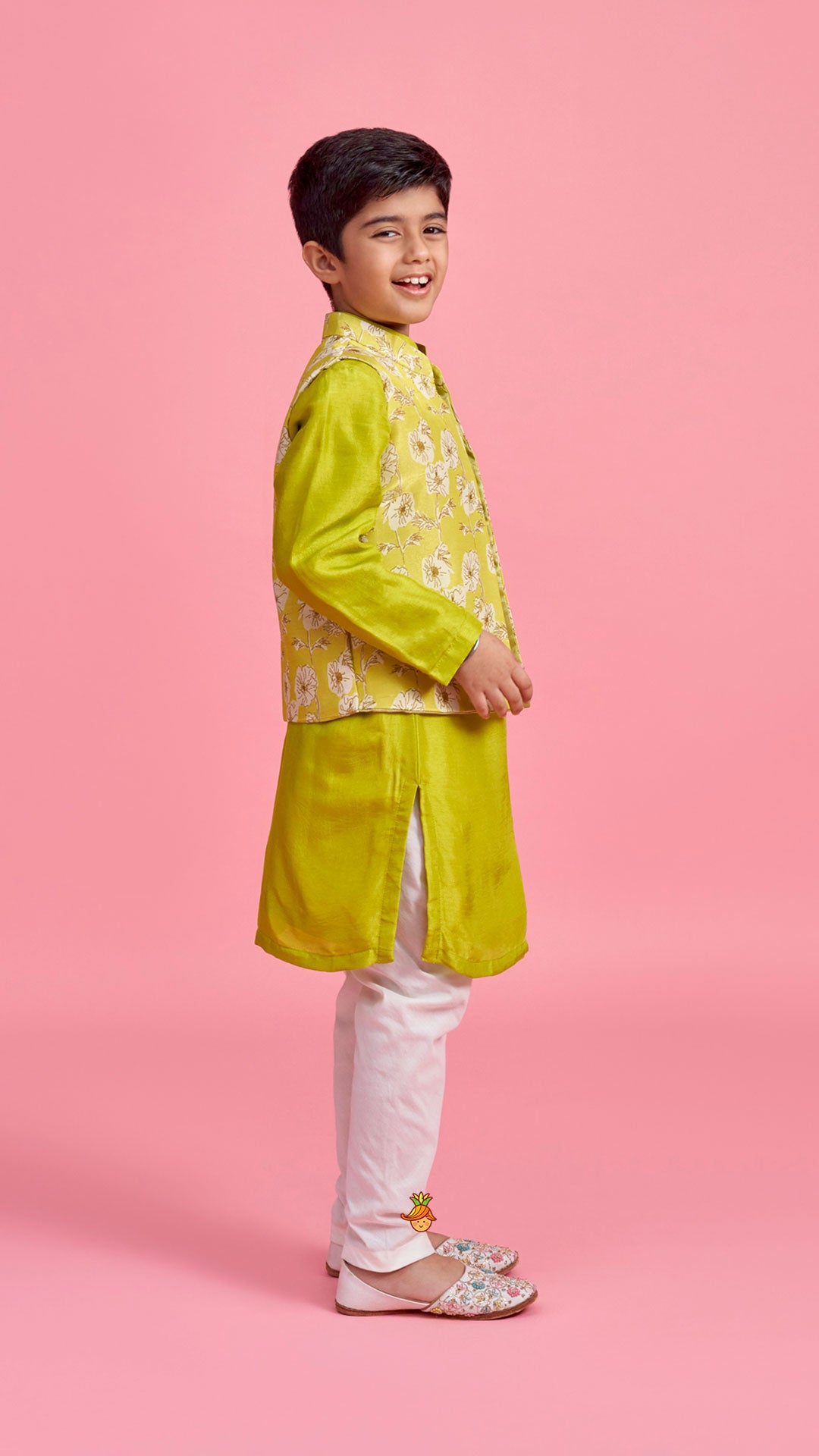 Pre Order: Green Kurta And Floral Printed Jacket With Churidar
