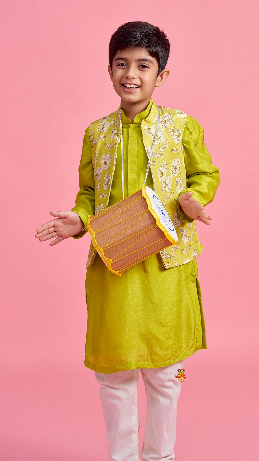 Pre Order: Green Kurta And Floral Printed Jacket With Churidar