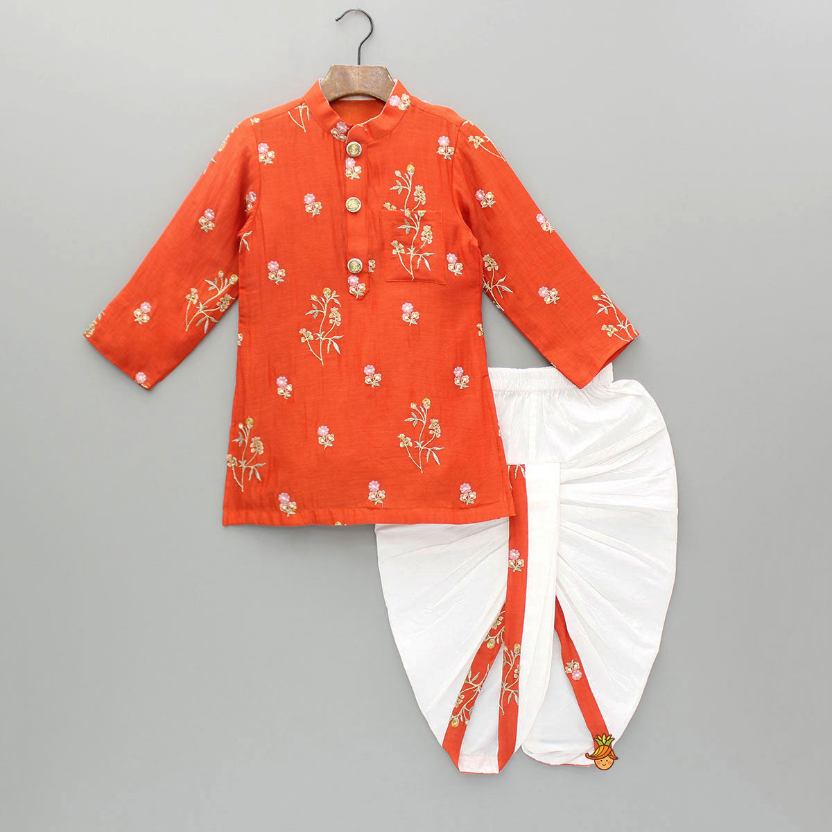 Pre Order: Floral Embroidered Orange Kurta And Dhoti