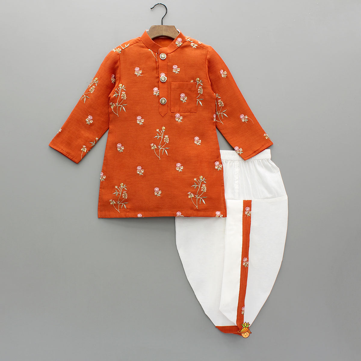 Pre Order: Floral Embroidered Orange Kurta And Dhoti