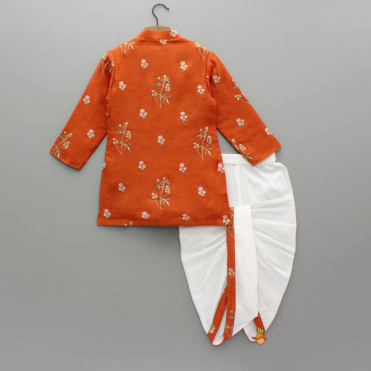 Pre Order: Floral Embroidered Orange Kurta And Dhoti