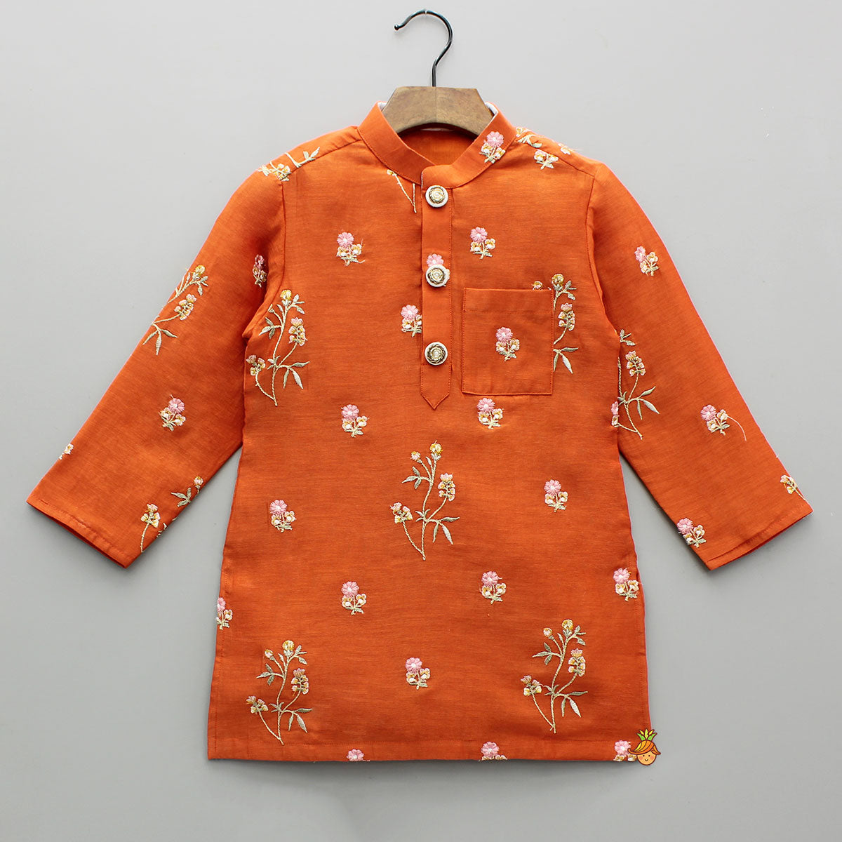 Pre Order: Floral Embroidered Orange Kurta And Dhoti