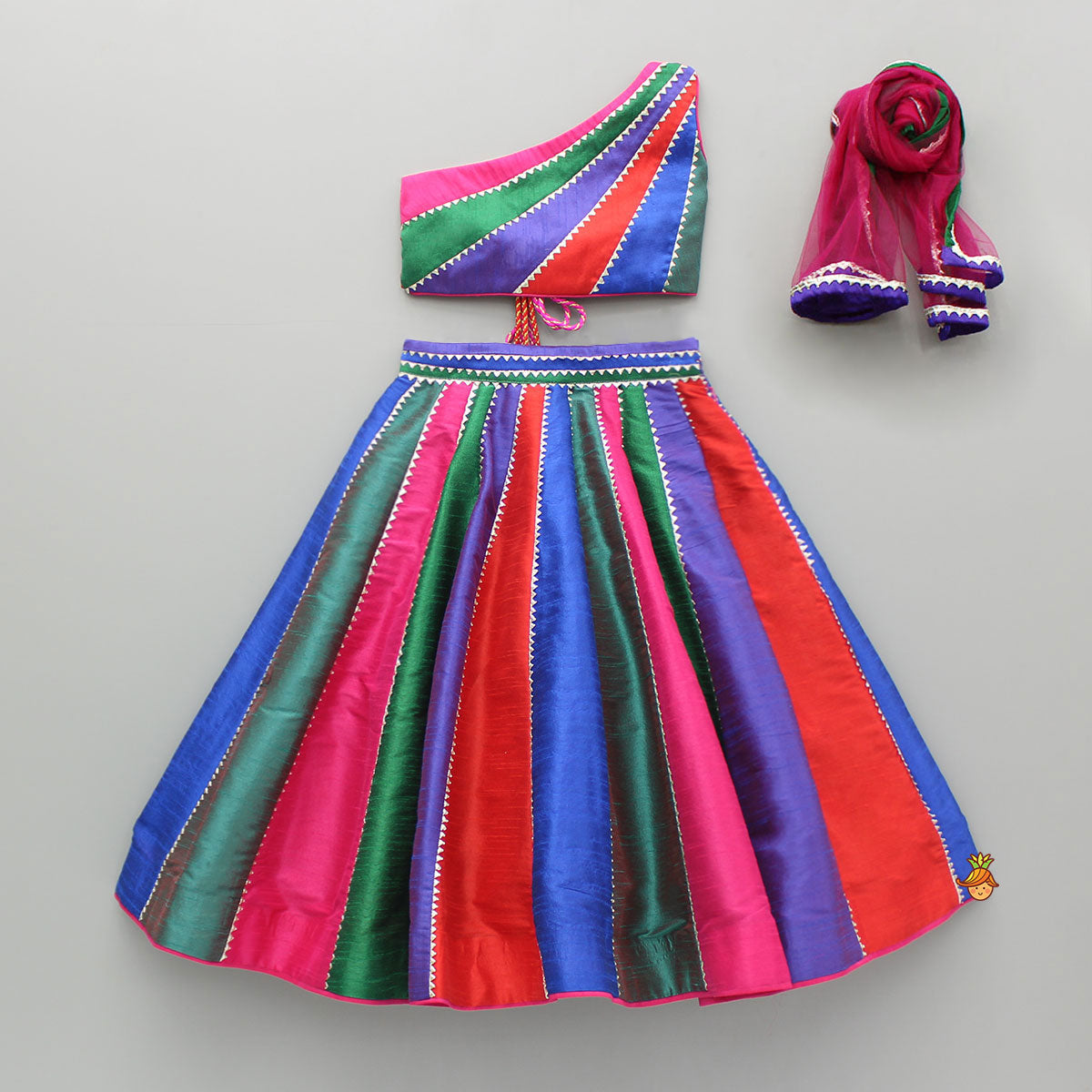 Pre Order: Multicoloured Colour Blocked Top With Lehenga And Dupatta